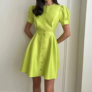 Spring Solid Pearl Buckle A-Line Party Dress Ladies Sweet Office Mini Dress Fashion Puff Short Sleeve French Temperament  Dress