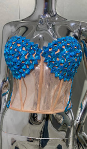 High Quality Blue Sequin Sparkly Diamonds Long Tassels Sleeveless 2 Piece Mini Dress
