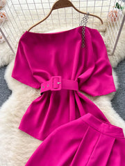 Royal style two-piece set, off-shoulder with high-quality wide-leg pants