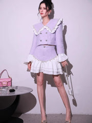 Fashion Sweet Office Lady Pearl Jacket Sets Double Breasted Ruffles Spliced Coat Outfits Light Purple Mini Skirt Two-Piece Set