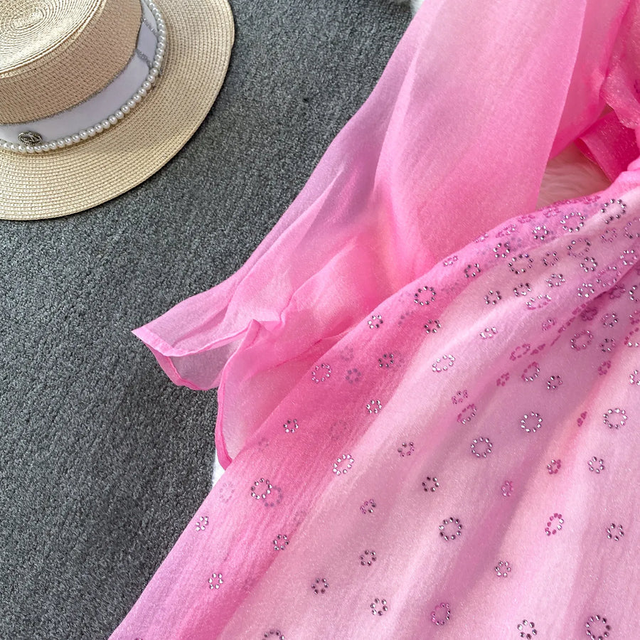 Fashion Temperament Bandage Slim Waist Dress Fairy Gauze Ruffled Long Robe Turn-down Collar Single Breasted Diamonds Vestidos