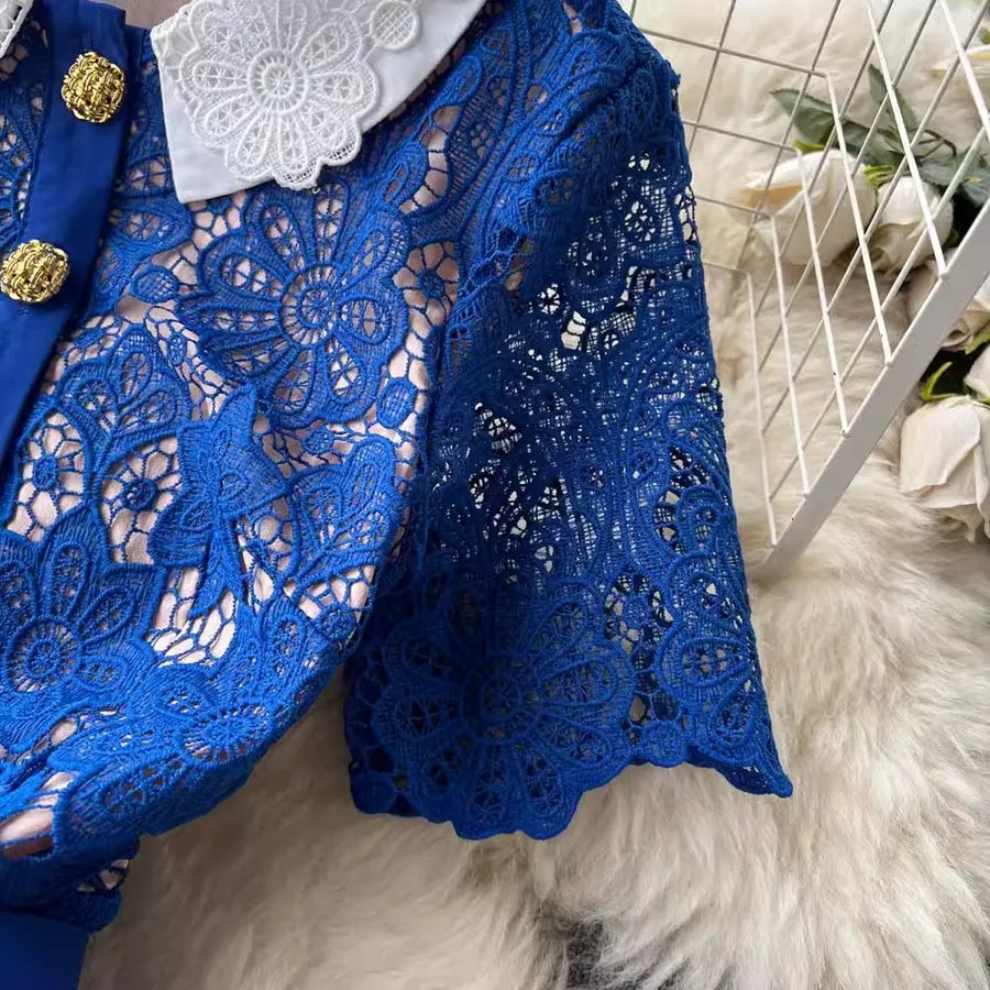 High quality short sleeve elegant blue white pink lace dress with gold buttons and belt below knee length.