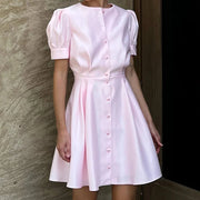 Spring Solid Pearl Buckle A-Line Party Dress Ladies Sweet Office Mini Dress Fashion Puff Short Sleeve French Temperament  Dress