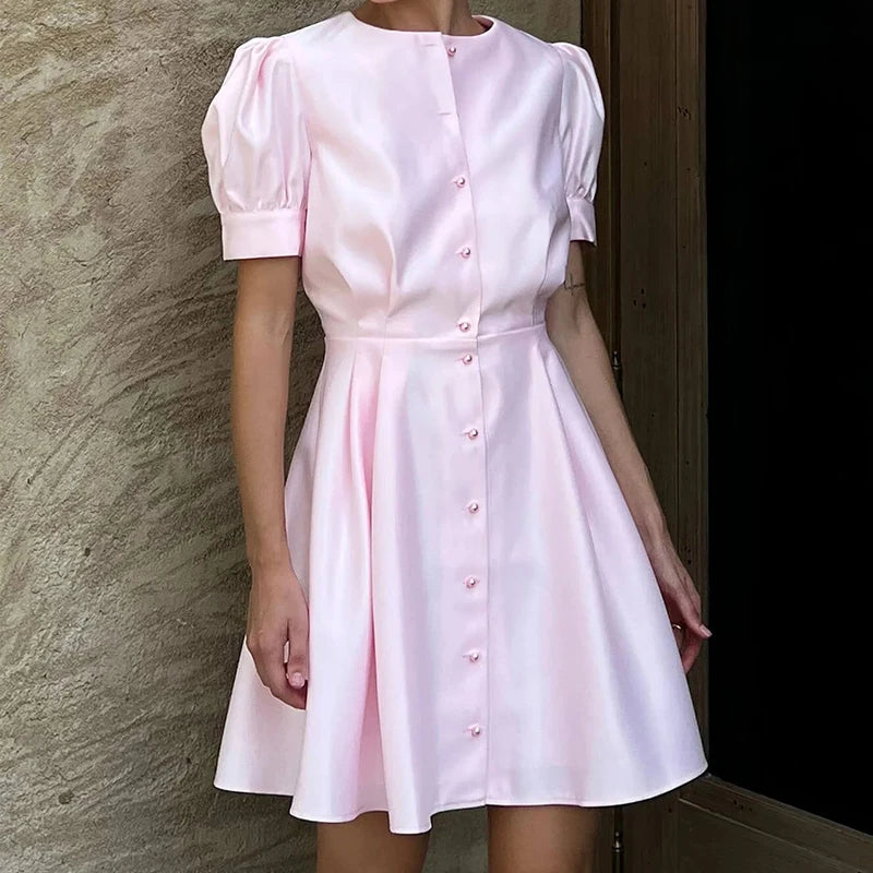 Spring Solid Pearl Buckle A-Line Party Dress Ladies Sweet Office Mini Dress Fashion Puff Short Sleeve French Temperament  Dress