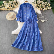 Summer Embroidery Maxi Dress Two Piece Set Women Blue Hollow Lace Long Sleeve Blouse Shirts 3pcs Sets Elastic Waist Skirts Suits