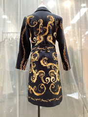 High quality vintage yellow flower print double breasted belt elegant coat.