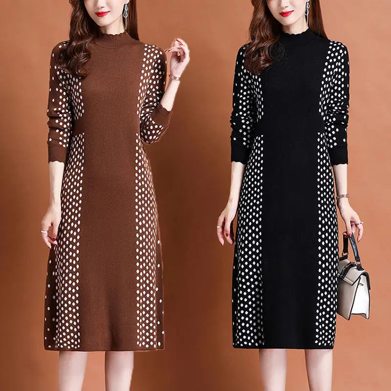 Fashion Loose Korean Dresses Warm Patchwork Knitting Office Lady Simplicity Slim O-neck Pullovers Long Sleeve Women's Clothing