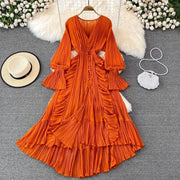 High Quality Ruffled Irreful Hem Elegant French Style Solid Striped Open Stitch Dress