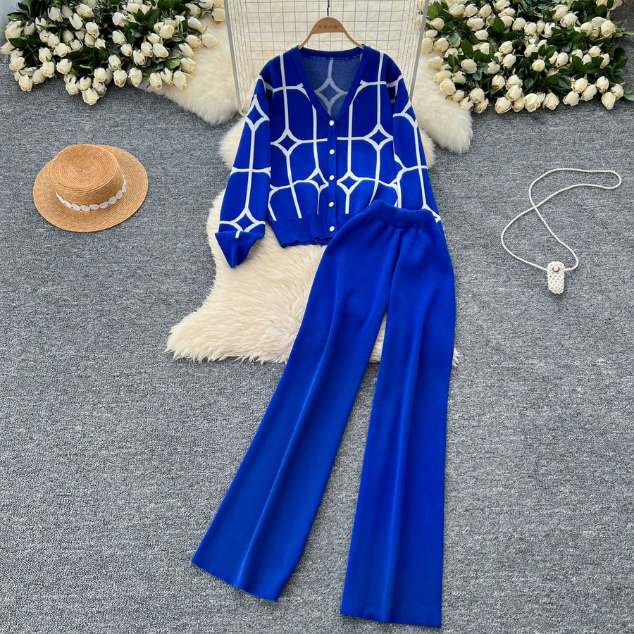 2 Piece Sets Single Breasted Print Cardigan + High Waist Wide Legs Pants