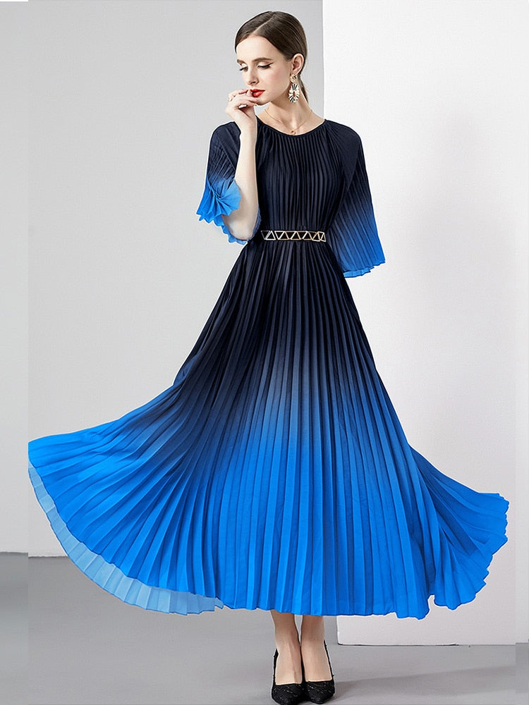 High Quality Vintage Oversized Loose Gradient Belt Lace Up O Neck Pleated Long Dress