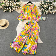 Autumn Women Draped Two Piece Set Bohemian Female Floral Pleated Short Blouse + High Waist Wide Leg Pants Chiffon Suit 2Pcs New