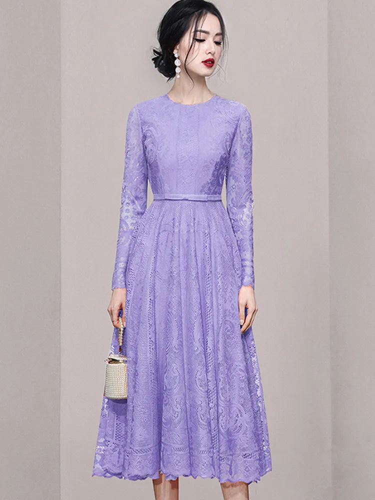 High quality slim waist round neck long sleeve openwork dress