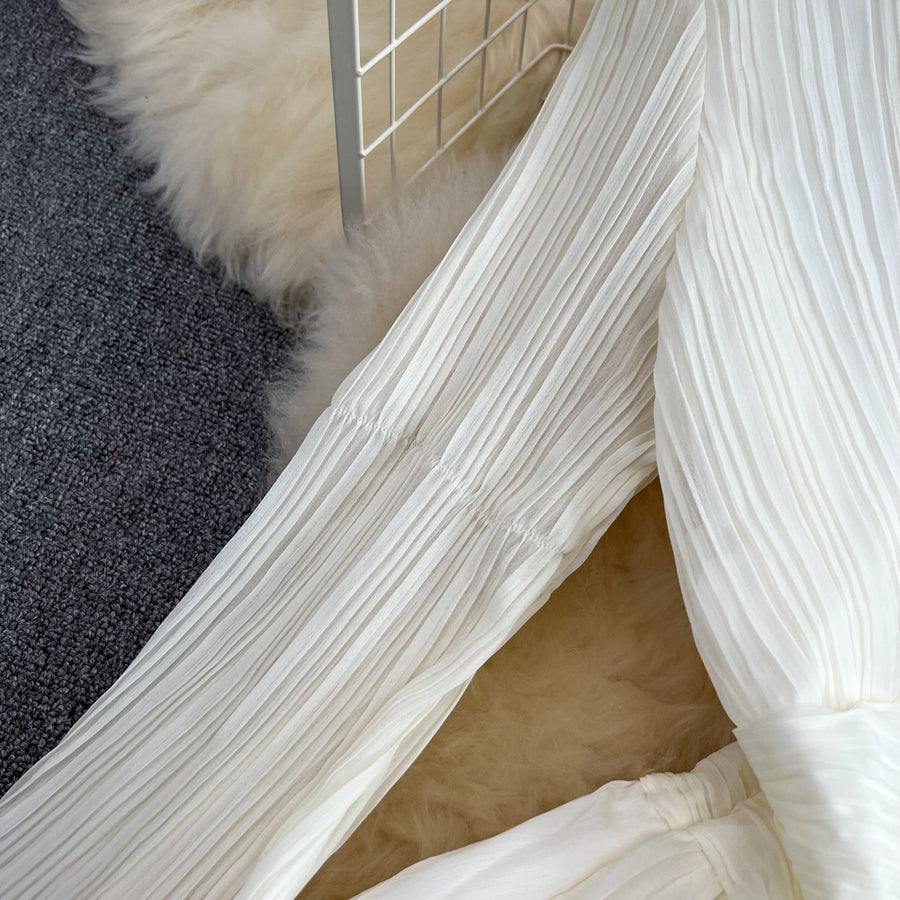 White French Elegant Flared Long Sleeve V Neck A Line High Quality Maxi Dress