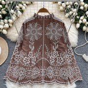 Basic loose long-sleeved polo-neck blouse embroidered with flowers and French-style hook