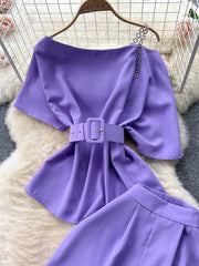 Royal style two-piece set, off-shoulder with high-quality wide-leg pants