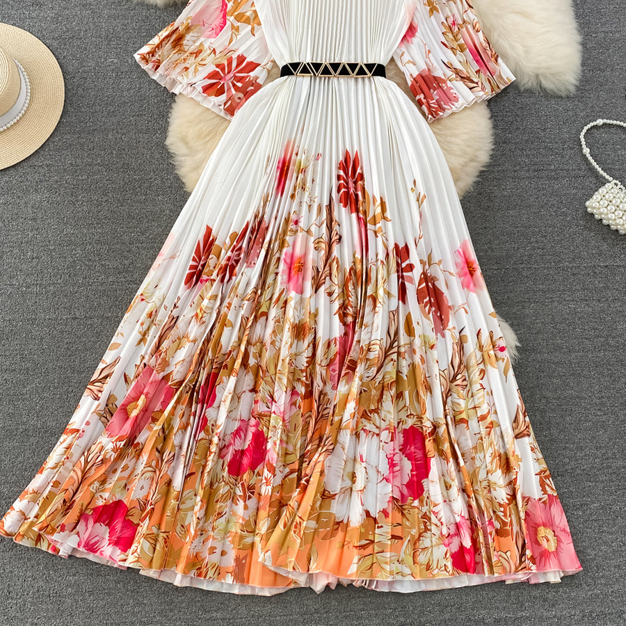 High Quality High Waist Short Sleeve Color Print Pleated O-Neck Dress