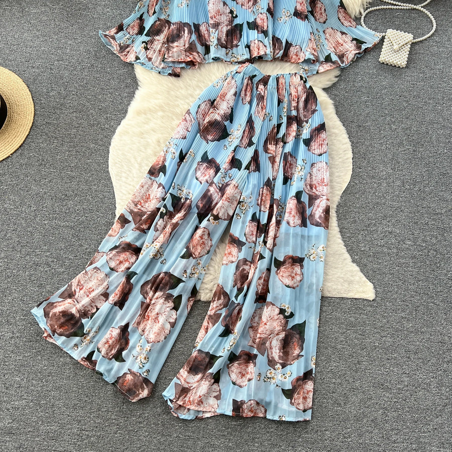 Autumn Women Draped Two Piece Set Bohemian Female Floral Pleated Short Blouse + High Waist Wide Leg Pants Chiffon Suit 2Pcs New