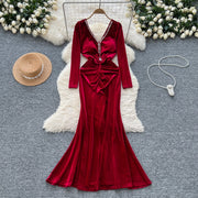 Velvet Dresses Elegant V Neck Vintage Long Sleeve Slim Pleated High Quality