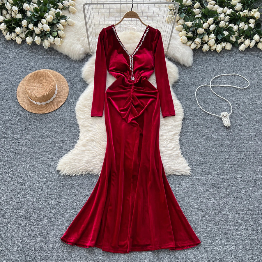 Velvet Dresses Elegant V Neck Vintage Long Sleeve Slim Pleated High Quality