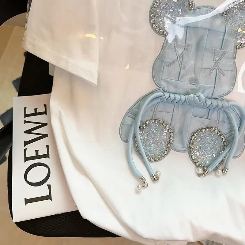 High Quality Cotton Short Sleeve Diamond Bear Embroidery Luxury T-shirts