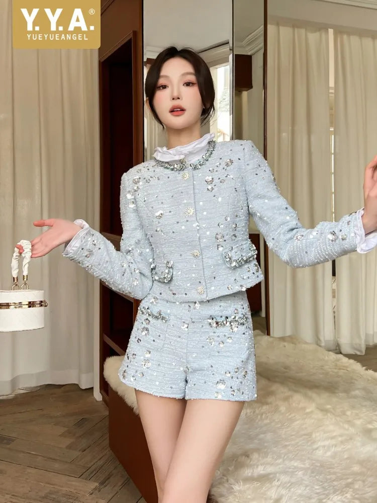 Elegant Women Autumn Shiny Sequined Diamonds Jacket Shorts Two Piece Set Slim Fit Party Outfits Office Ladies Work Matching Sets
