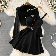 Preppy Style Autumn Two Piece Sets Womens Outifits Women Set Full Button Coat Spaghetti Strap Bra Pleated Dresses Dropshipping
