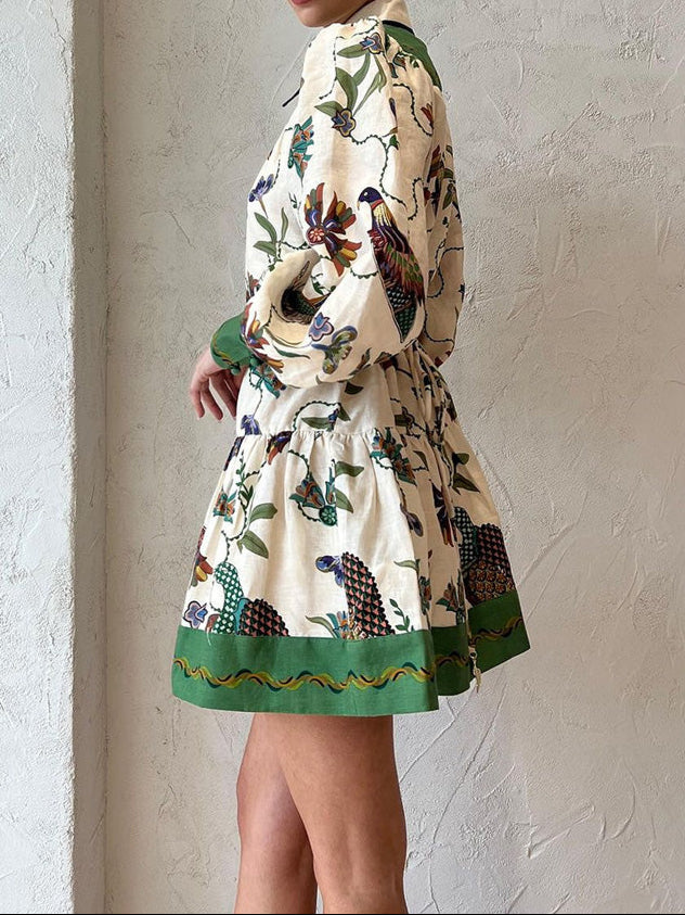 High Quality Single Breasted Long Flare Sleeve Loose Flower Print Pleated Mini Dress