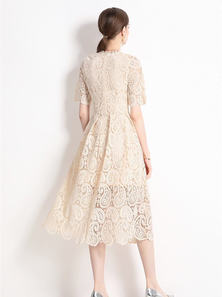 High Quality Hollow Out Short Sleeve Vintage Solid Midi Length Embroidery Lace Elegant Dresses