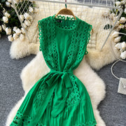 Sexy Hollow Out Embroidery Round Neck Sleeveless Bandage Long Dresses High Quality