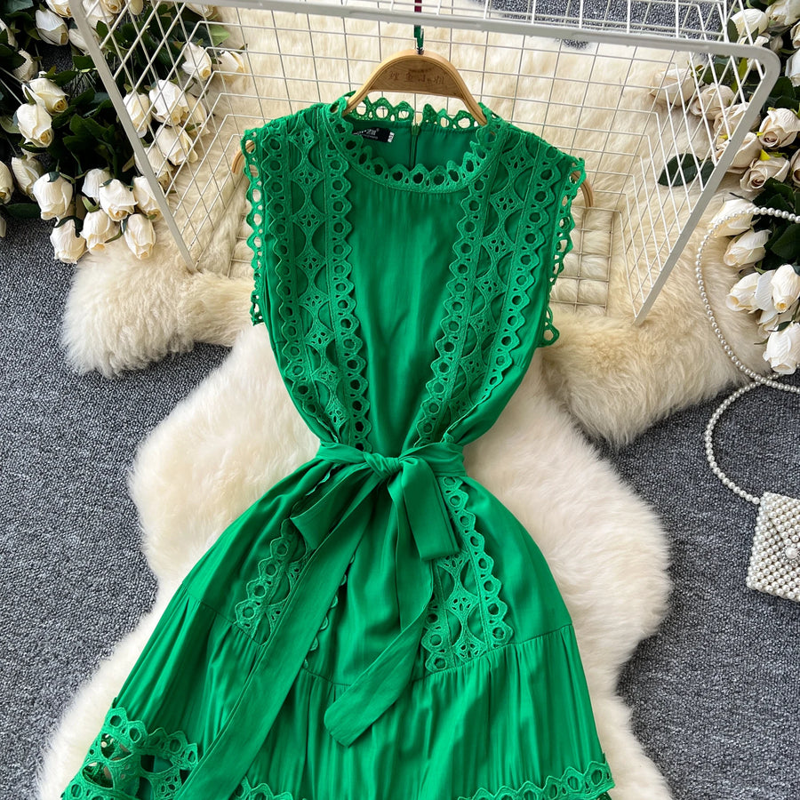 Sexy Hollow Out Embroidery Round Neck Sleeveless Bandage Long Dresses High Quality