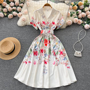 High Quality Belted Floral Print Short Sleeve Notched Neck Short Sleeve Vintage Flower Shirt Dress