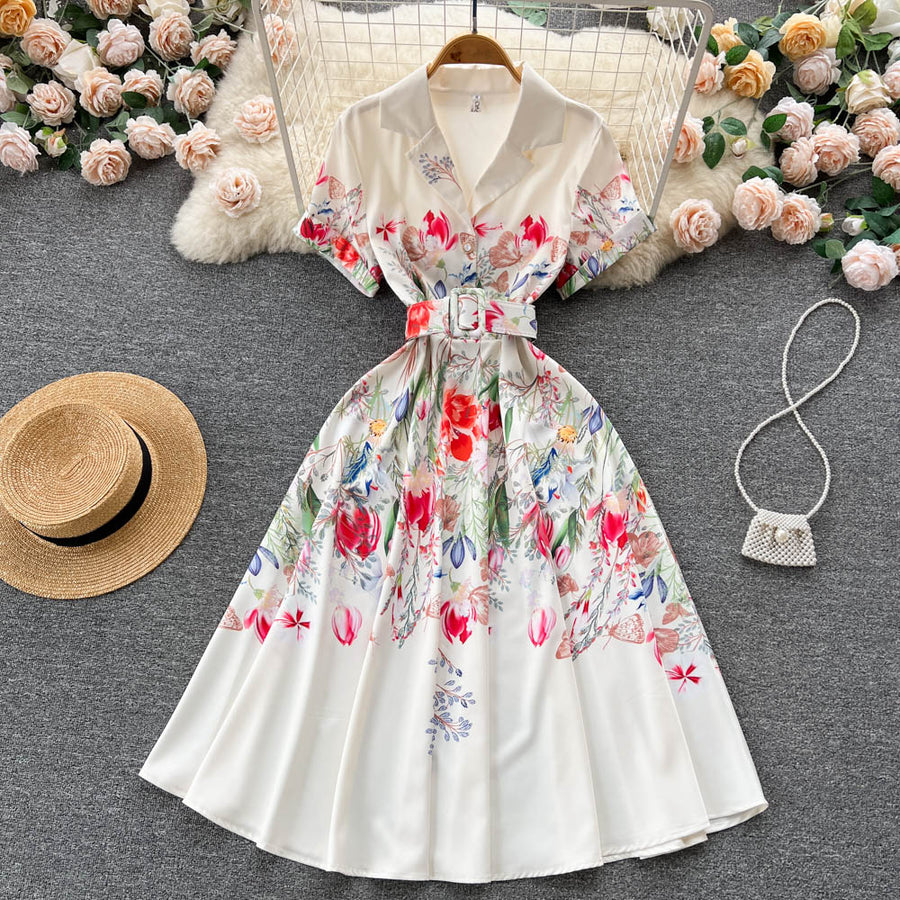 High Quality Belted Floral Print Short Sleeve Notched Neck Short Sleeve Vintage Flower Shirt Dress