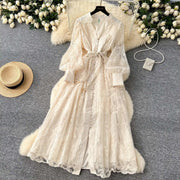 Luxury Embroidery Formal Dresses Women Summer Autumn Lantern Long Sleeve Lace Vestidos Pearl Prom Evening Birthday Dress Party