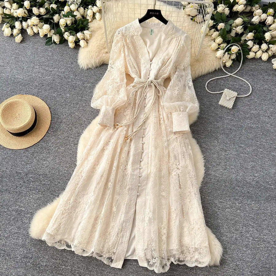 Luxury Embroidery Formal Dresses Women Summer Autumn Lantern Long Sleeve Lace Vestidos Pearl Prom Evening Birthday Dress Party