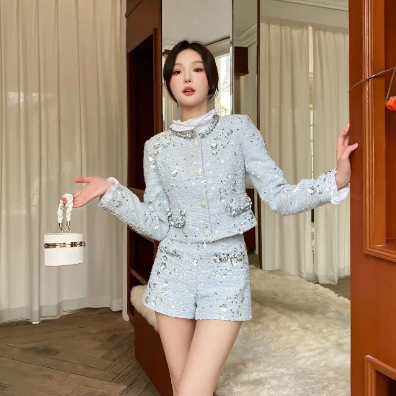 Elegant Women Autumn Shiny Sequined Diamonds Jacket Shorts Two Piece Set Slim Fit Party Outfits Office Ladies Work Matching Sets