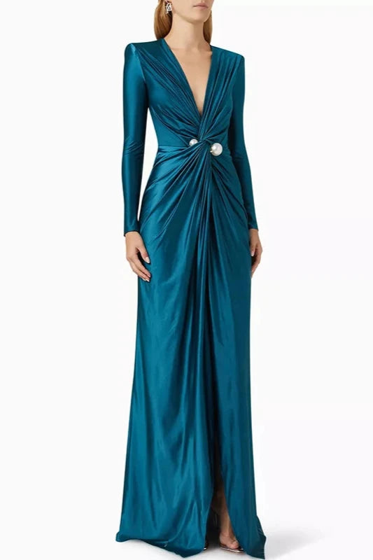 Women's Solid Color Pleated Split Front Tied Waist Bodycon Long Sleeves Deep V Neck Maxi Party Dresses
