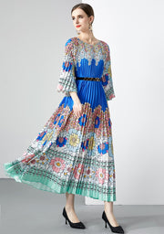 High Quality Pleated Round Neck Lace Up Belt Loose Printed Maxi Long Dress