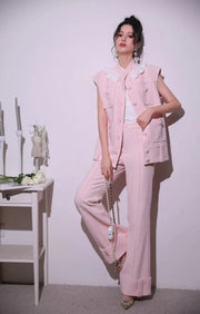 Sweet Pink Lace Collar Women Vest Sets Loose Fit Multi Pocket Sleeveless Jacket Two-Piece Set Full Length Wide Leg Pant Outfits