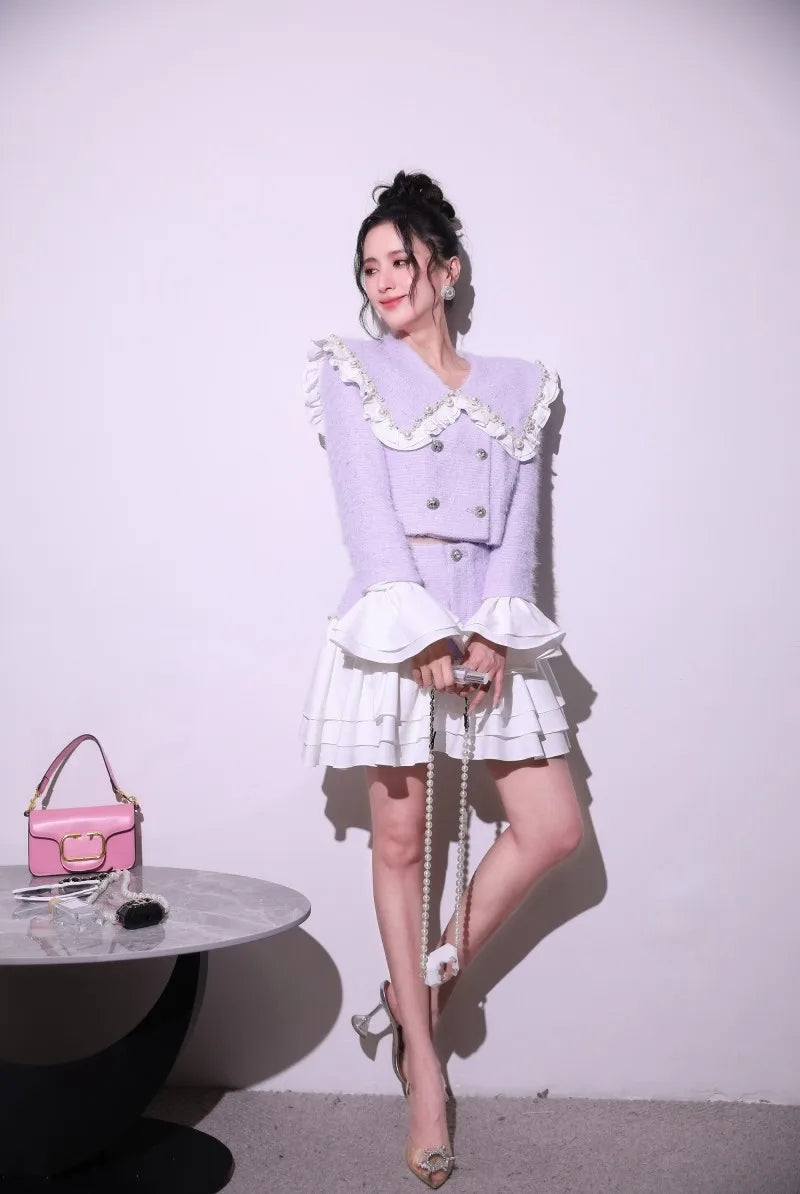 Fashion Sweet Office Lady Pearl Jacket Sets Double Breasted Ruffles Spliced Coat Outfits Light Purple Mini Skirt Two-Piece Set