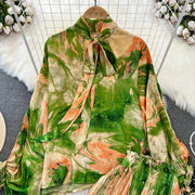 Elegant two-piece set pleated summer chiffon shirt + high-quality floral print pleated wide-leg pants