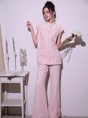 Sweet Pink Lace Collar Women Vest Sets Loose Fit Multi Pocket Sleeveless Jacket Two-Piece Set Full Length Wide Leg Pant Outfits