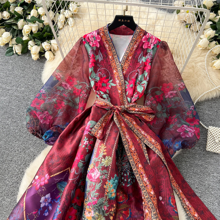 High quality vintage palace print French style elegant evening dress