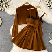 Preppy Style Autumn Two Piece Sets Womens Outifits Women Set Full Button Coat Spaghetti Strap Bra Pleated Dresses Dropshipping