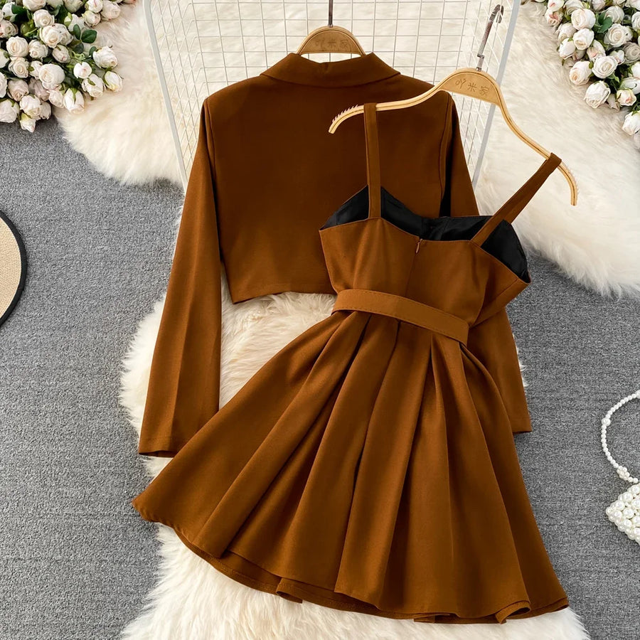 Preppy Style Autumn Two Piece Sets Womens Outifits Women Set Full Button Coat Spaghetti Strap Bra Pleated Dresses Dropshipping