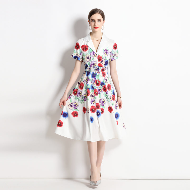 High Quality Belted Floral Print Short Sleeve Notched Neck Short Sleeve Vintage Flower Shirt Dress