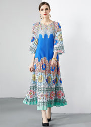 High Quality Pleated Round Neck Lace Up Belt Loose Printed Maxi Long Dress