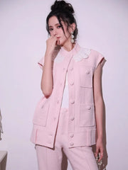 Sweet Pink Lace Collar Women Vest Sets Loose Fit Multi Pocket Sleeveless Jacket Two-Piece Set Full Length Wide Leg Pant Outfits