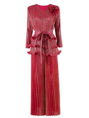 2-piece set of 3D flower pleated niche design lace-up T-shirt + loose elegant wide-leg pants