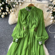 HIGH QUALITY Summer Retro Print Round Neck Flare Sleeve Elegant Pleated Dress