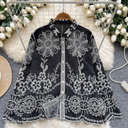 Basic loose long-sleeved polo-neck blouse embroidered with flowers and French-style hook